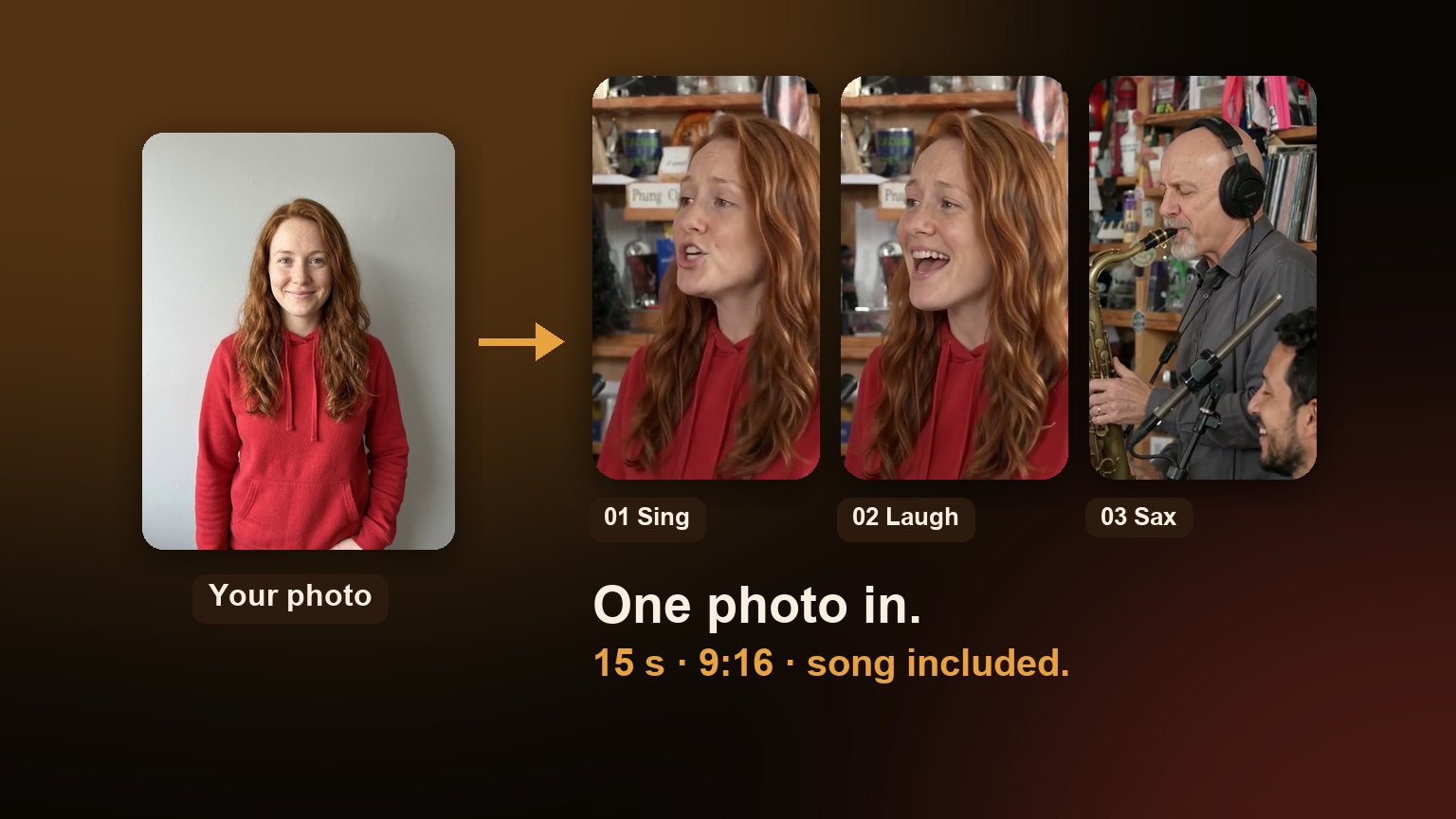 One input photo next to three frames of the Outstanding Tiny Desk AI video it becomes