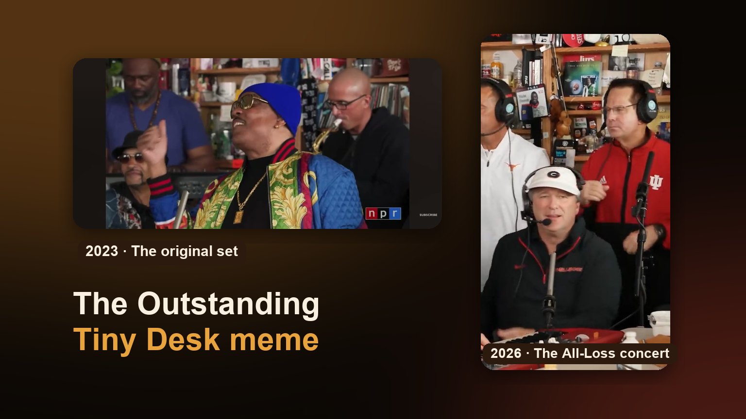A frame of Charlie Wilson's 2023 NPR Tiny Desk set next to a frame of the 2026 All-Loss Tiny Desk Concert