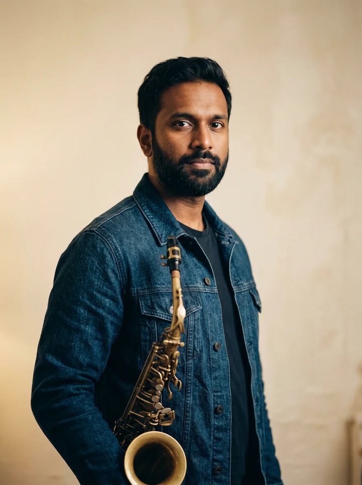 Example of a good photo for the Outstanding Tiny Desk AI template: Friend on sax